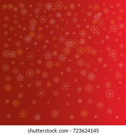 Christmas snow powder background of a random scatter snowflakes on a red background. Snow explosion. Ice storm.