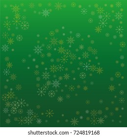 Christmas snow powder background of a random scatter snowflakes on a green background. Snow explosion. Ice storm.