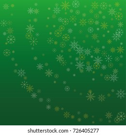 Christmas snow powder background of a random scatter snowflakes on a green background. Snow explosion. Ice storm.