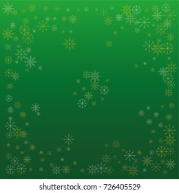 Christmas snow powder background of a random scatter snowflakes on a green background. Snow explosion. Ice storm.