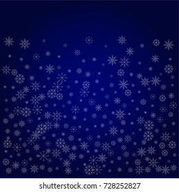 Christmas snow powder background of a random scatter snowflakes in blue. Snow explosion. Ice storm.