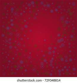Christmas snow powder background of a random scatter snowflakes on a red background. Snow explosion. Ice storm.