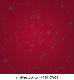 Christmas snow powder background of a random scatter snowflakes on a red background. Snow explosion. Ice storm.