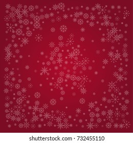 Christmas snow powder background of a random scatter snowflakes on a red background. Snow explosion. Ice storm.