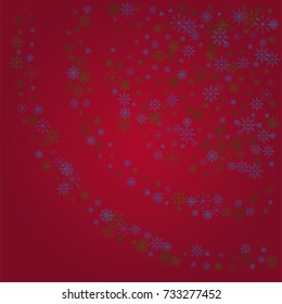 Christmas snow powder background of a random scatter snowflakes on a red background. Snow explosion. Ice storm.