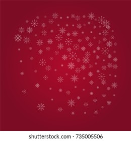 Christmas snow powder background of a random scatter snowflakes on a red background. Snow explosion. Ice storm.