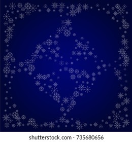 Christmas snow powder background of a random scatter snowflakes in blue. Snow explosion. Ice storm.