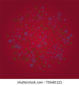 Christmas snow powder background of a random scatter snowflakes on a red background. Snow explosion. Ice storm.