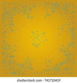 Christmas snow powder background of a random scatter snowflakes on a golden background. Snow explosion. Ice storm.