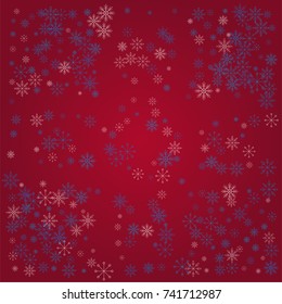 Christmas snow powder background of a random scatter snowflakes on a red background. Snow explosion. Ice storm.