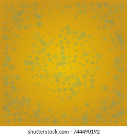 Christmas snow powder background of a random scatter snowflakes on a golden background. Snow explosion. Ice storm.