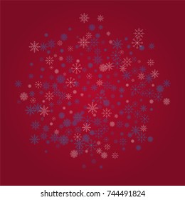 Christmas snow powder background of a random scatter snowflakes on a red background. Snow explosion. Ice storm.