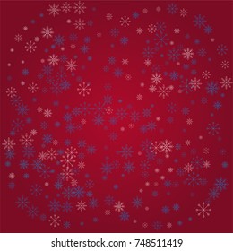 Christmas snow powder background of a random scatter snowflakes on a red background. Snow explosion. Ice storm.