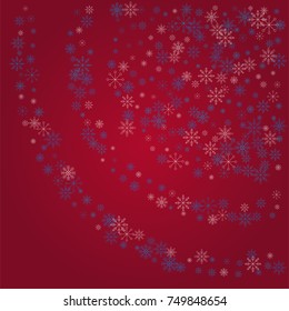 Christmas snow powder background of a random scatter snowflakes on a red background. Snow explosion. Ice storm.