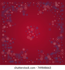 Christmas snow powder background of a random scatter snowflakes on a red background. Snow explosion. Ice storm.