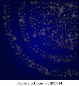 Christmas snow powder background of a random scatter snowflakes in blue. Snow explosion. Ice storm.
