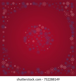 Christmas snow powder background of a random scatter snowflakes on a red background. Snow explosion. Ice storm.