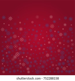 Christmas snow powder background of a random scatter snowflakes on a red background. Snow explosion. Ice storm.