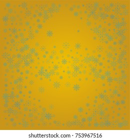 Christmas snow powder background of a random scatter snowflakes on a golden background. Snow explosion. Ice storm.