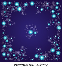 Christmas snow powder background of a random scatter snowflakes on an indigo background. Snow explosion. Ice storm.