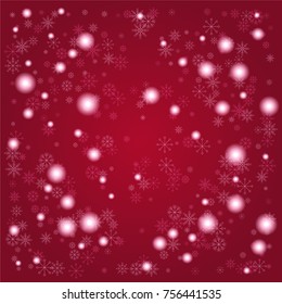 Christmas snow powder background of a random scatter snowflakes on a red background. Snow explosion. Ice storm.