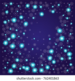 Christmas snow powder background of a random scatter snowflakes on an indigo background. Snow explosion. Ice storm.