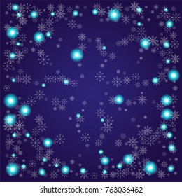 Christmas snow powder background of a random scatter snowflakes on an indigo background. Snow explosion. Ice storm.