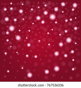 Christmas snow powder background of a random scatter snowflakes on a red background. Snow explosion. Ice storm.