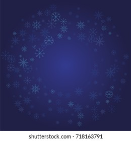 Christmas snow powder frame or border of a random scatter snowflakes on a blue background. Snow explosion. Ice storm.