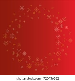Christmas snow powder frame or border of a random scatter snowflakes on a red background. Snow explosion. Ice storm.