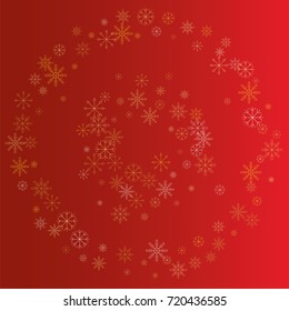 Christmas snow powder frame or border of a random scatter snowflakes on a red background. Snow explosion. Ice storm.