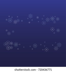 Christmas snow powder frame or border of a random scatter snowflakes on a blue background. Snow explosion. Ice storm.