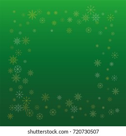 Christmas snow powder frame or border of a random scatter snowflakes on a green background. Snow explosion. Ice storm.