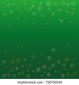 Christmas snow powder frame or border of a random scatter snowflakes on a green background. Snow explosion. Ice storm.