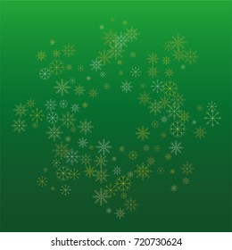 Christmas snow powder frame or border of a random scatter snowflakes on a green background. Snow explosion. Ice storm.