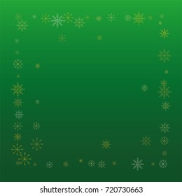 Christmas snow powder frame or border of a random scatter snowflakes on a green background. Snow explosion. Ice storm.