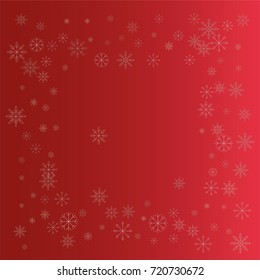 Christmas snow powder frame or border of a random scatter snowflakes on a red background. Snow explosion. Ice storm.
