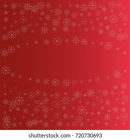 Christmas snow powder frame or border of a random scatter snowflakes on a red background. Snow explosion. Ice storm.
