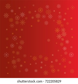 Christmas snow powder frame or border of a random scatter snowflakes on a red background. Snow explosion. Ice storm.