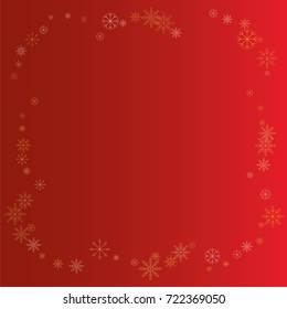 Christmas snow powder frame or border of a random scatter snowflakes on a red background. Snow explosion. Ice storm.