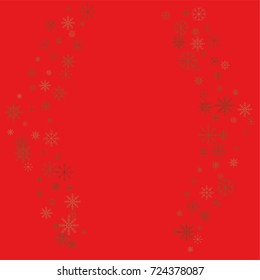Christmas snow powder frame or border of a random scatter snowflakes on a red background. Snow explosion. Ice storm.
