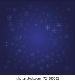 Christmas snow powder frame or border of a random scatter snowflakes on a blue background. Snow explosion. Ice storm.