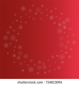 Christmas snow powder frame or border of a random scatter snowflakes on a red background. Snow explosion. Ice storm.