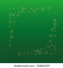 Christmas snow powder frame or border of a random scatter snowflakes on a green background. Snow explosion. Ice storm.