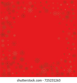 Christmas snow powder frame or border of a random scatter snowflakes on a red background. Snow explosion. Ice storm.
