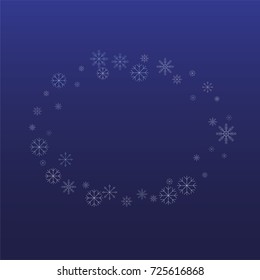 Christmas snow powder frame or border of a random scatter snowflakes on a blue background. Snow explosion. Ice storm.