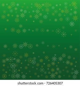Christmas snow powder frame or border of a random scatter snowflakes on a green background. Snow explosion. Ice storm.