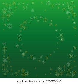 Christmas snow powder frame or border of a random scatter snowflakes on a green background. Snow explosion. Ice storm.