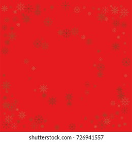 Christmas snow powder frame or border of a random scatter snowflakes on a red background. Snow explosion. Ice storm.