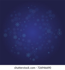Christmas snow powder frame or border of a random scatter snowflakes on a blue background. Snow explosion. Ice storm.